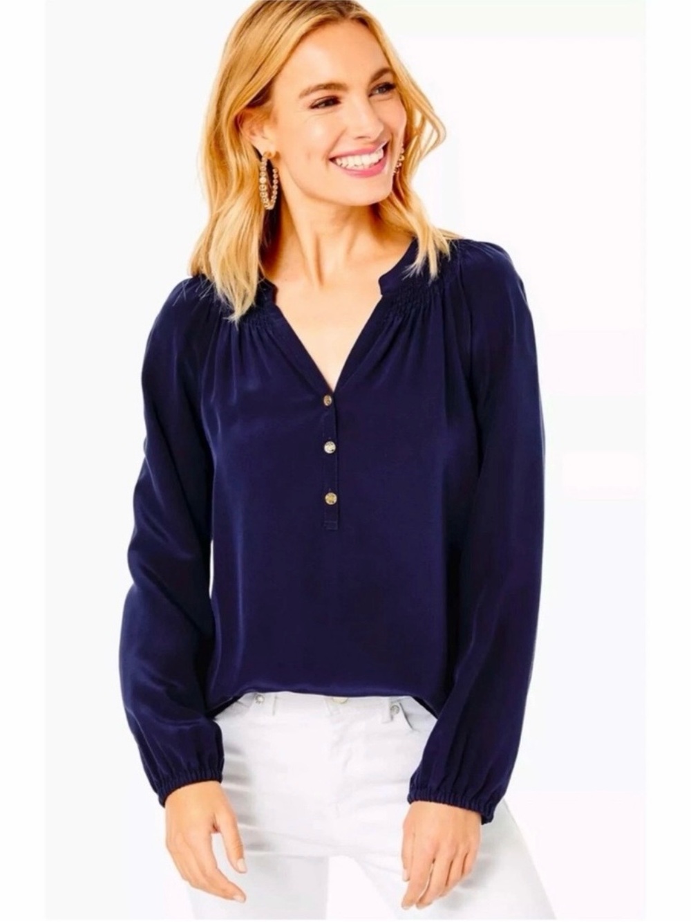 Lilly Pulitzer Navy Size XL Long-Sleeve Button Front Blouse Silk